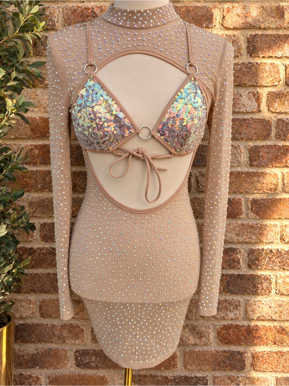 Fashion Nova Nude Bejeweled Cutout Mini Dress with Iridescent Sequin Cups